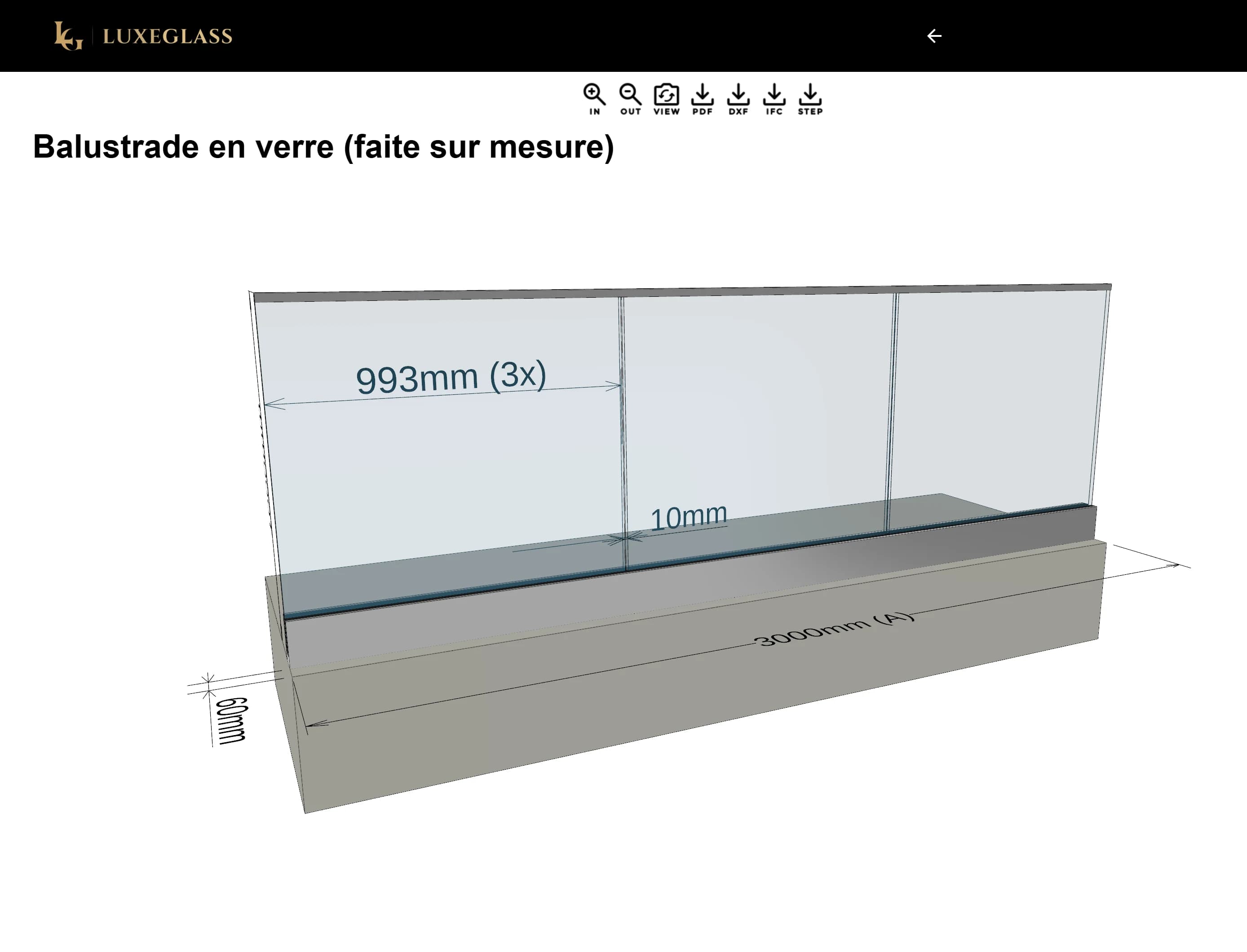 LuxeGlass Studio: ein Glasgeländer in drei Dimensionen, bemasst mit 3000 mm Länge und 993 mm je Feld.